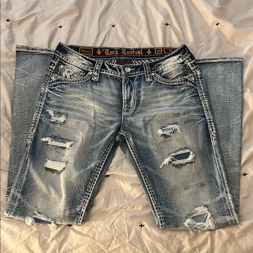 Rock Revival Blue Relaxed Jeans with Distressed Details